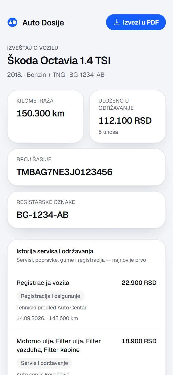 Javni izveštaj vozila sa istorijom servisa i održavanja