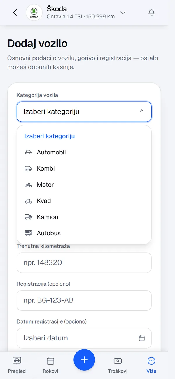 Dodavanje vozila: izbor kategorije automobil, kombi, motor, kvad, kamion ili autobus