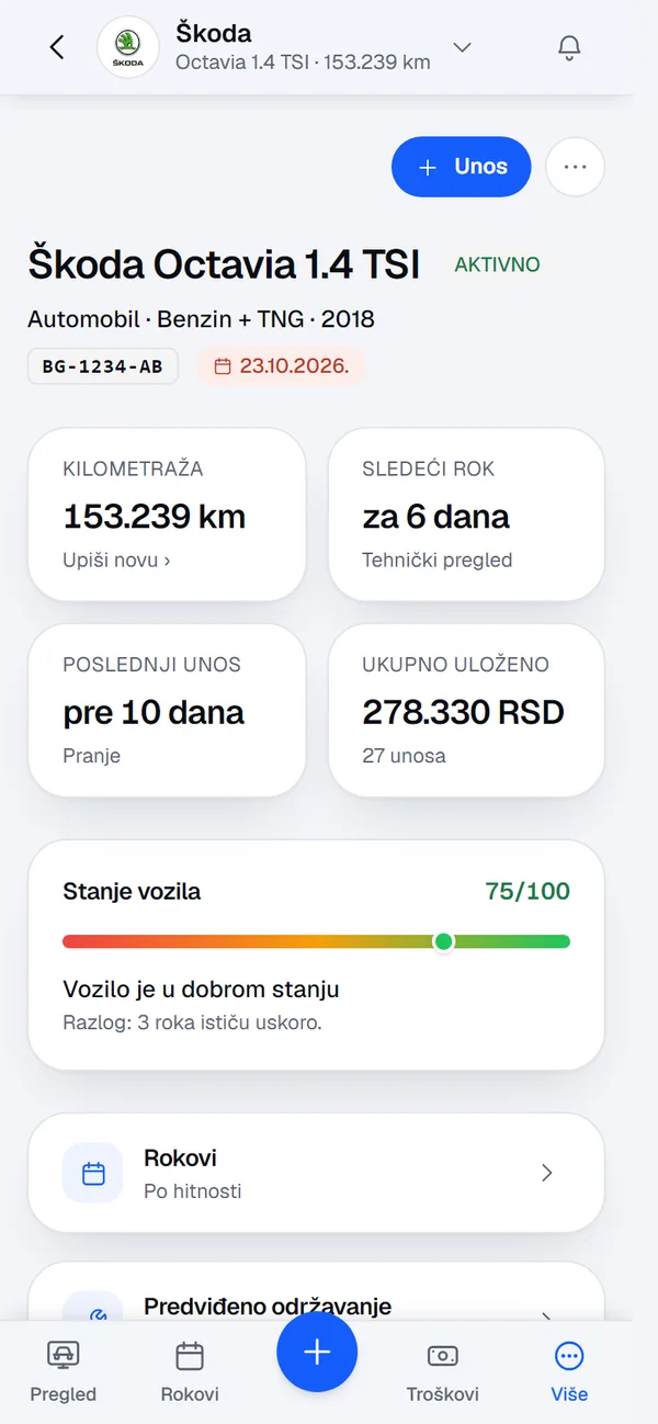 Stranica vozila sa kilometražom, sledećim rokom i stanjem vozila